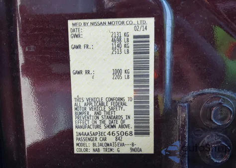 2014 Nissan Maxima 3.5 S/3.5 Sv z USA, uszkodzony, nr VIN 1N4AA5AP3EC465068